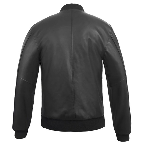 Mens Real Cowhide Leather Jacket Long Sleeves Varsity Letterman Jacket Black - Picture 2 of 5